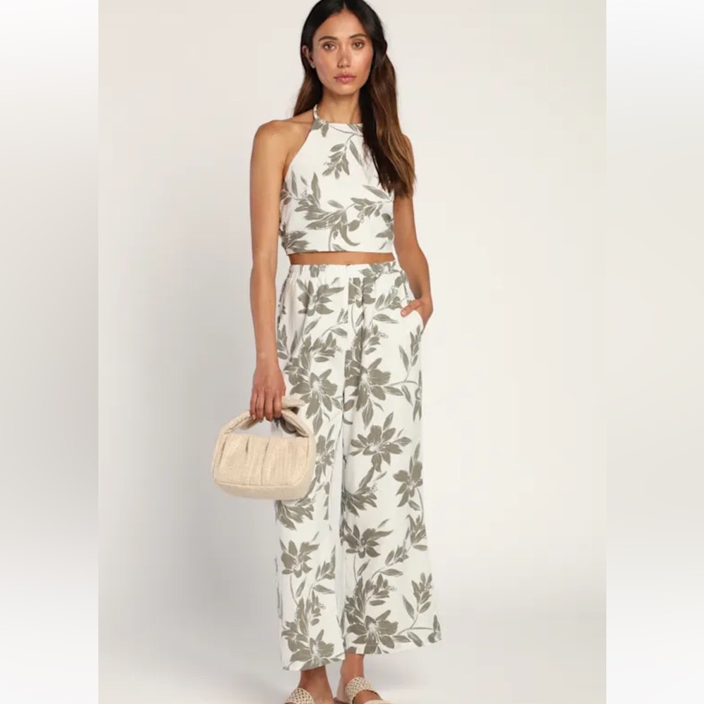 Lulu's Cabana Chic Ivory Floral Print Two-Piece Halter Jumpsuit